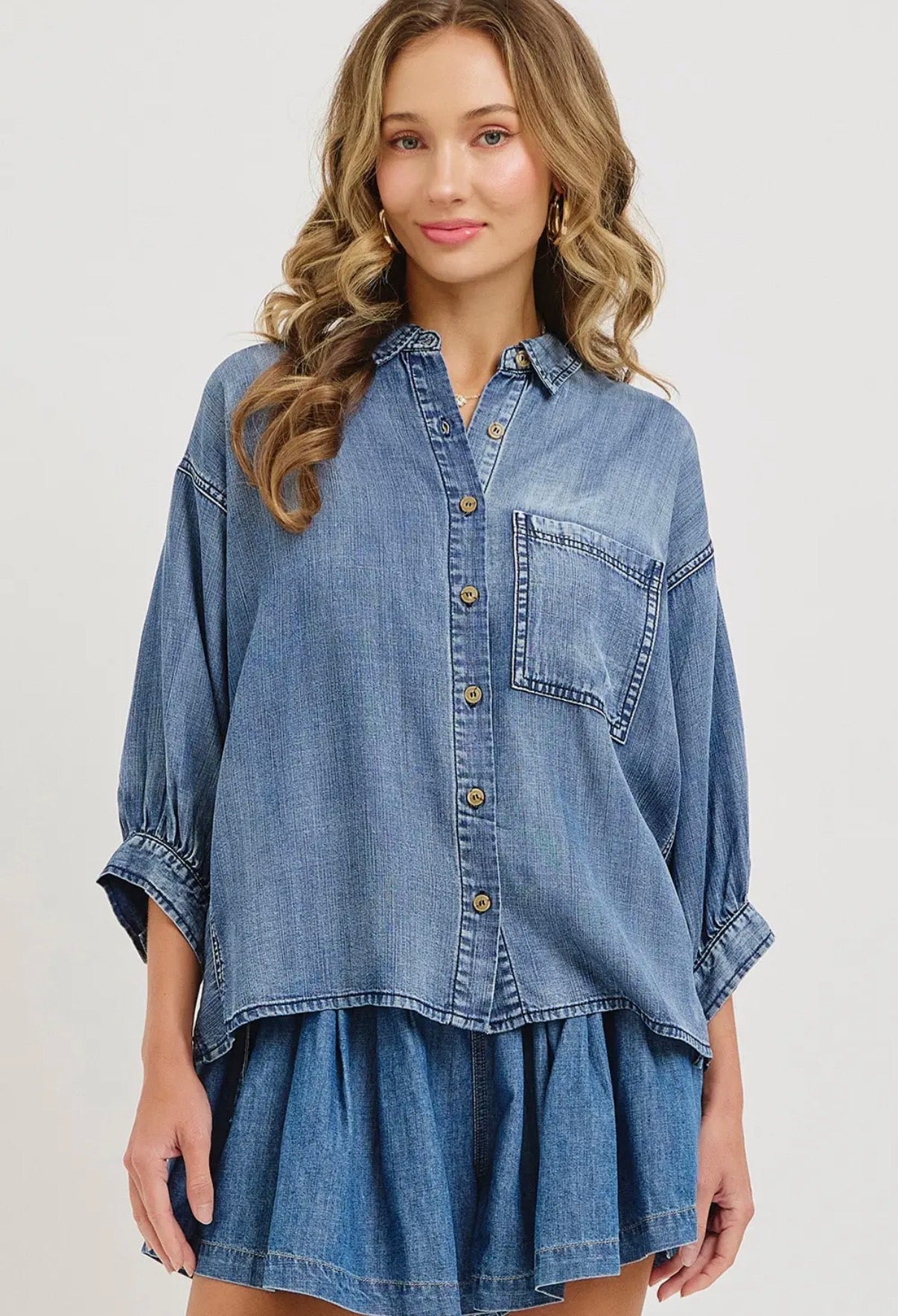 Short Sleeve Denim Button Up Top