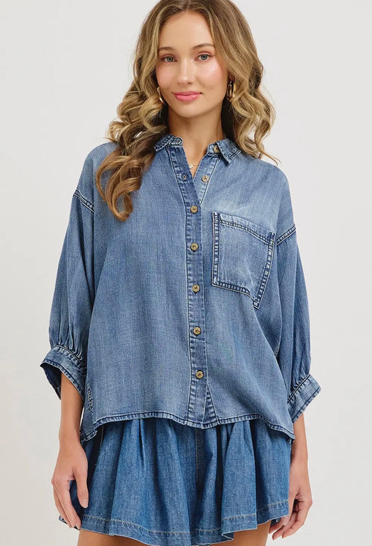 Short Sleeve Denim Button Up Top