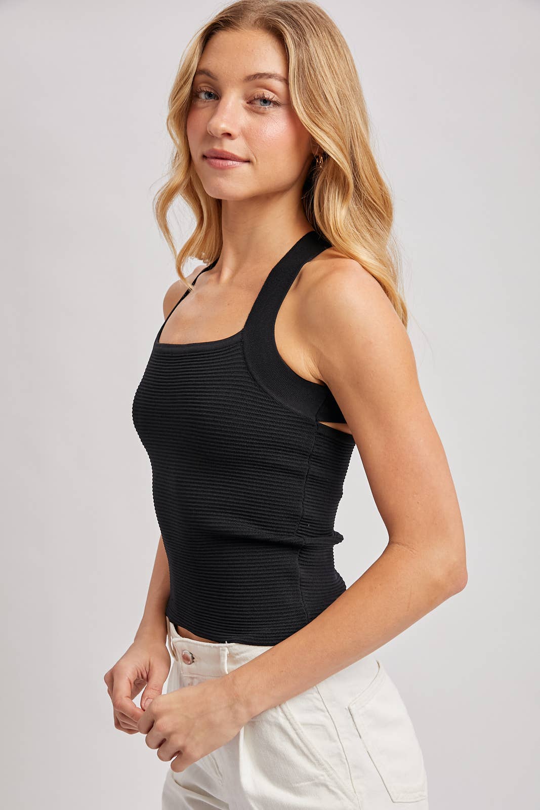 CROSS BACK WIDE STRAPS RIBBED KNIT TANK TOP