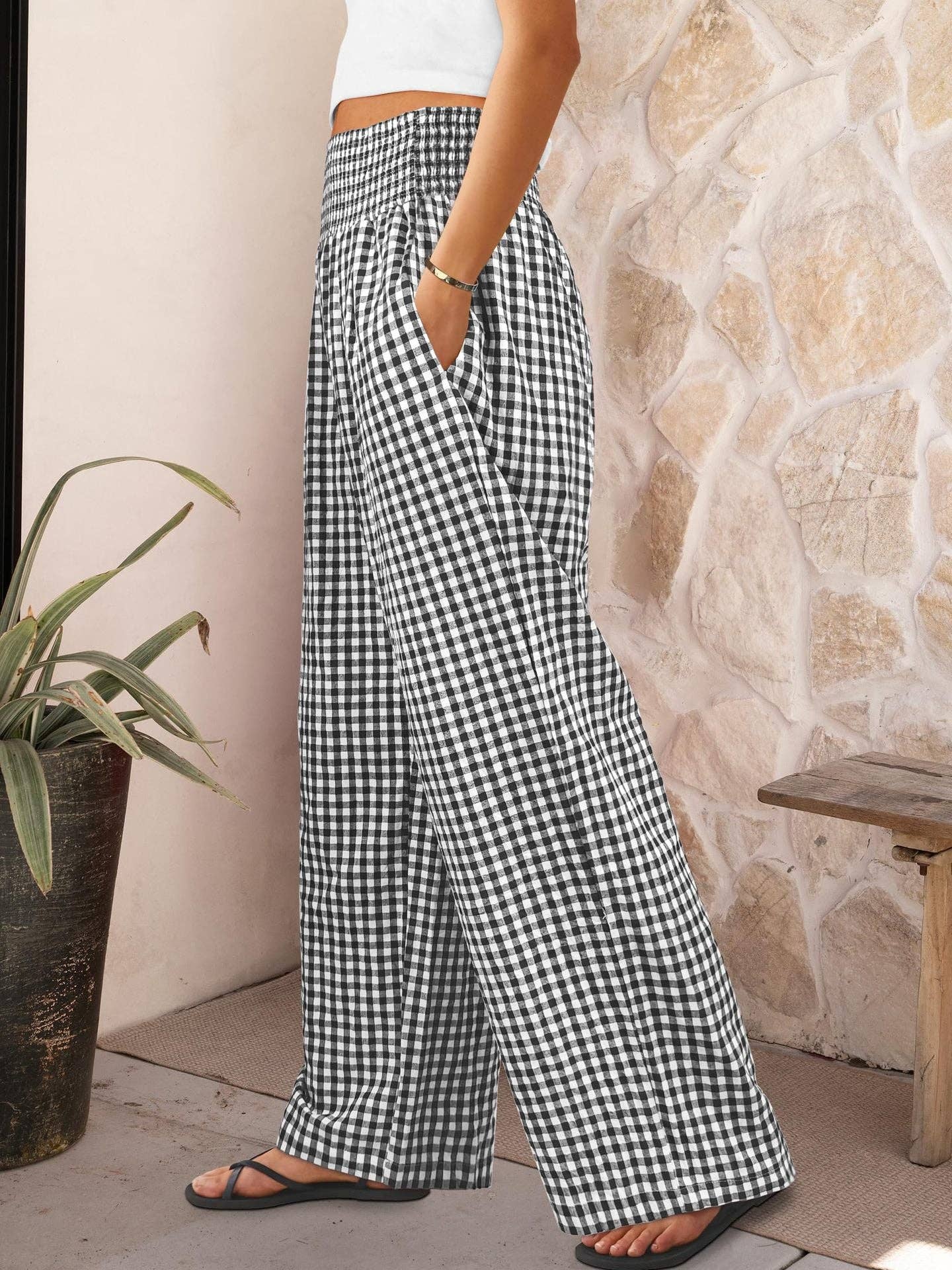Gingham High Waist Wide Leg Pants with Pockets
