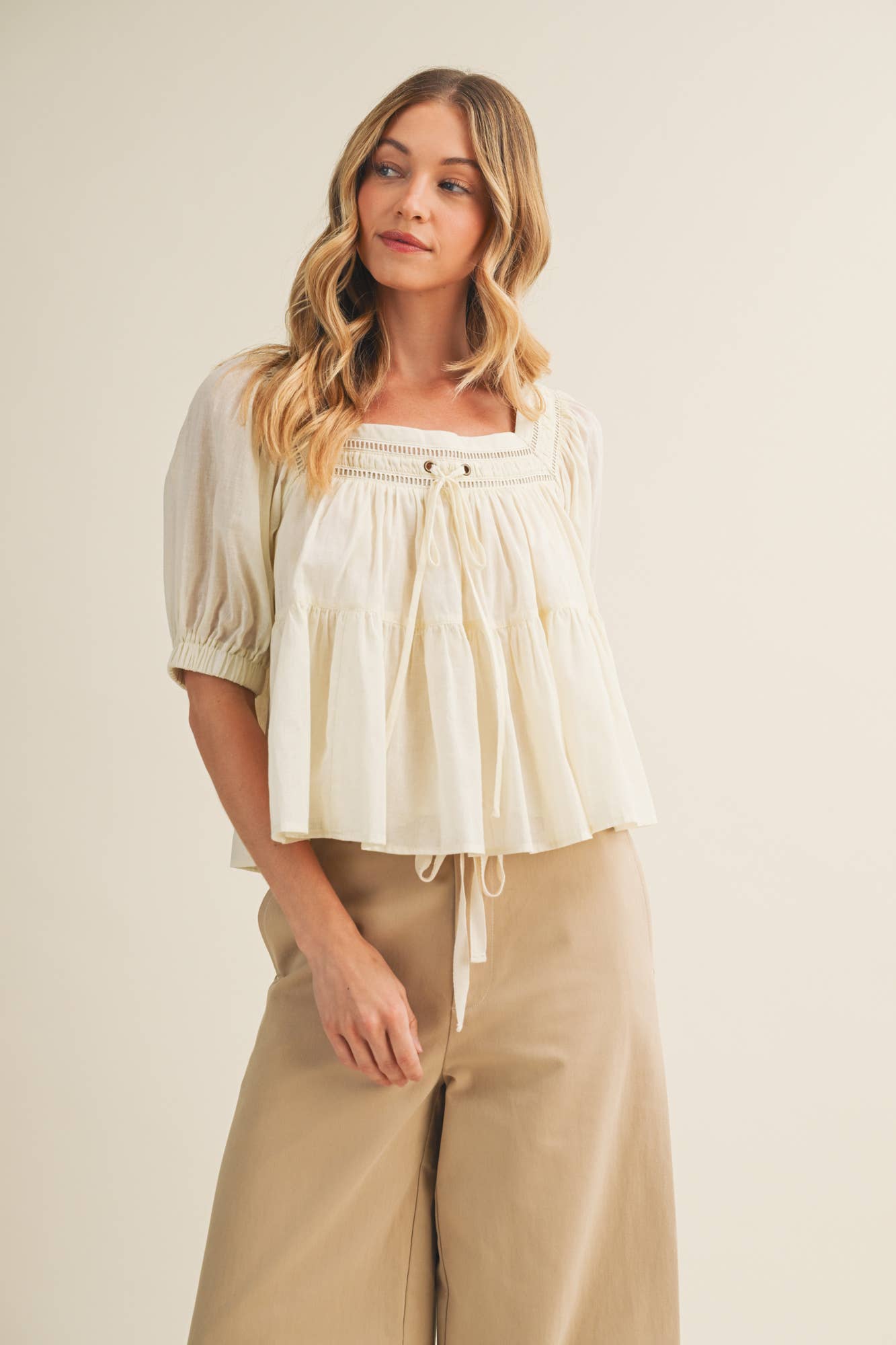 Lace Inset Square Neck Tiered Blouse
