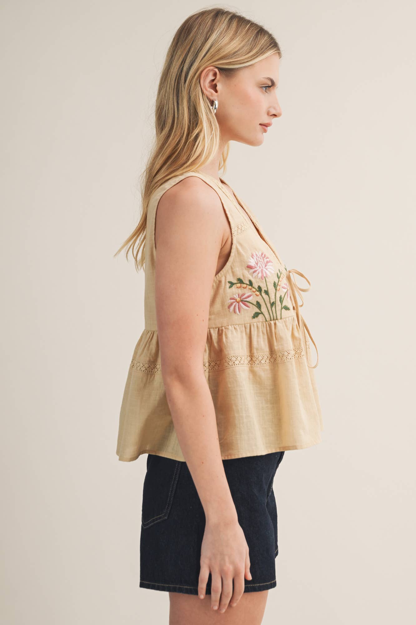 Embroidered Floral Tie-Front Peplum Vest