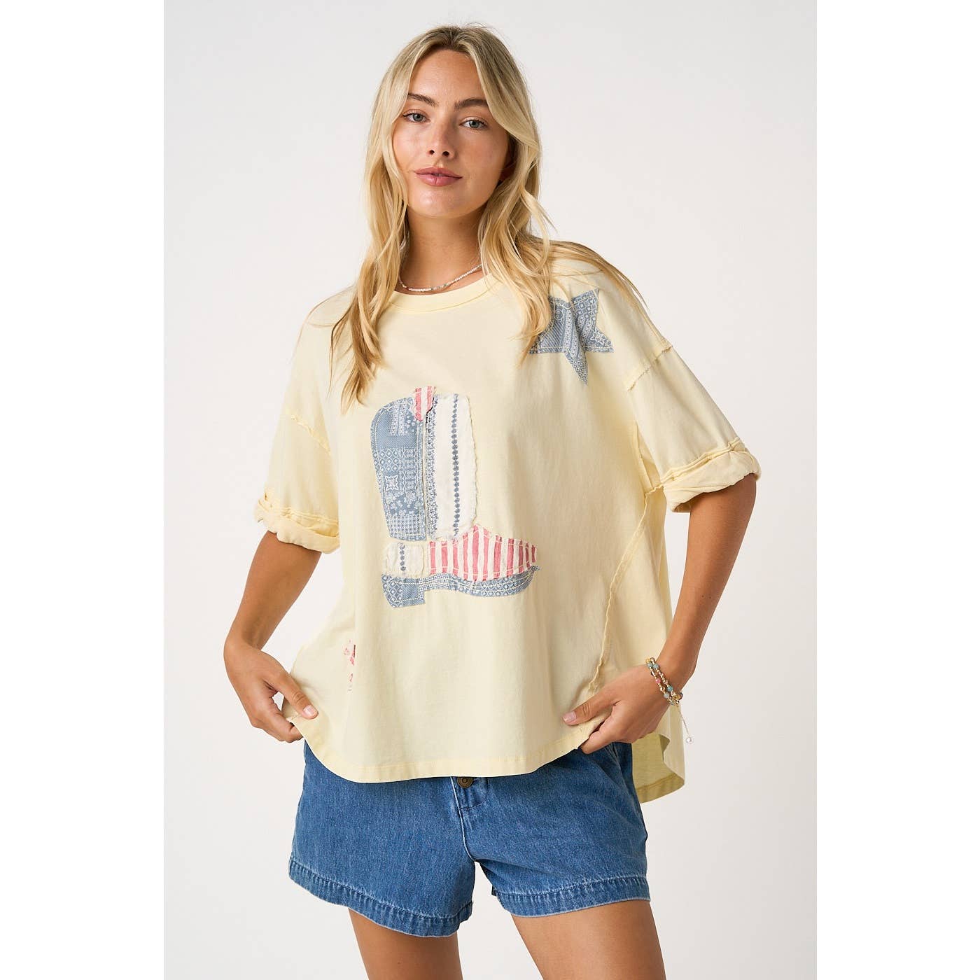 COWBOY BOOT PATCHWORK SHORT SLEEVE TOP