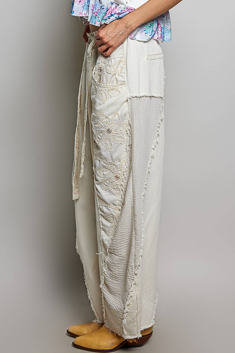 Lace Trim Outseam Detail Solid Wide Leg Twill Pants