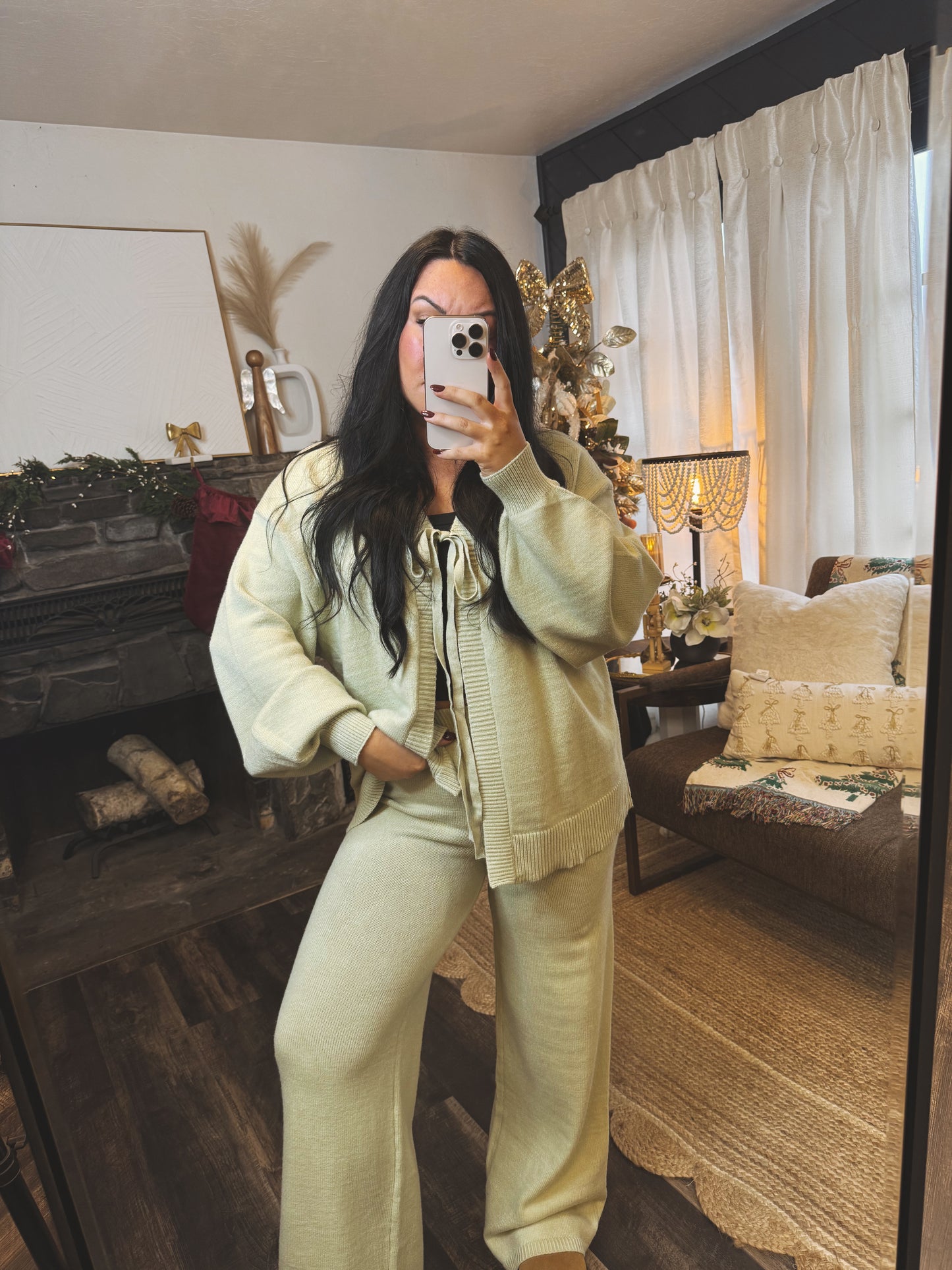 Sage Tie Knit Cardigan and Pants Matching Set