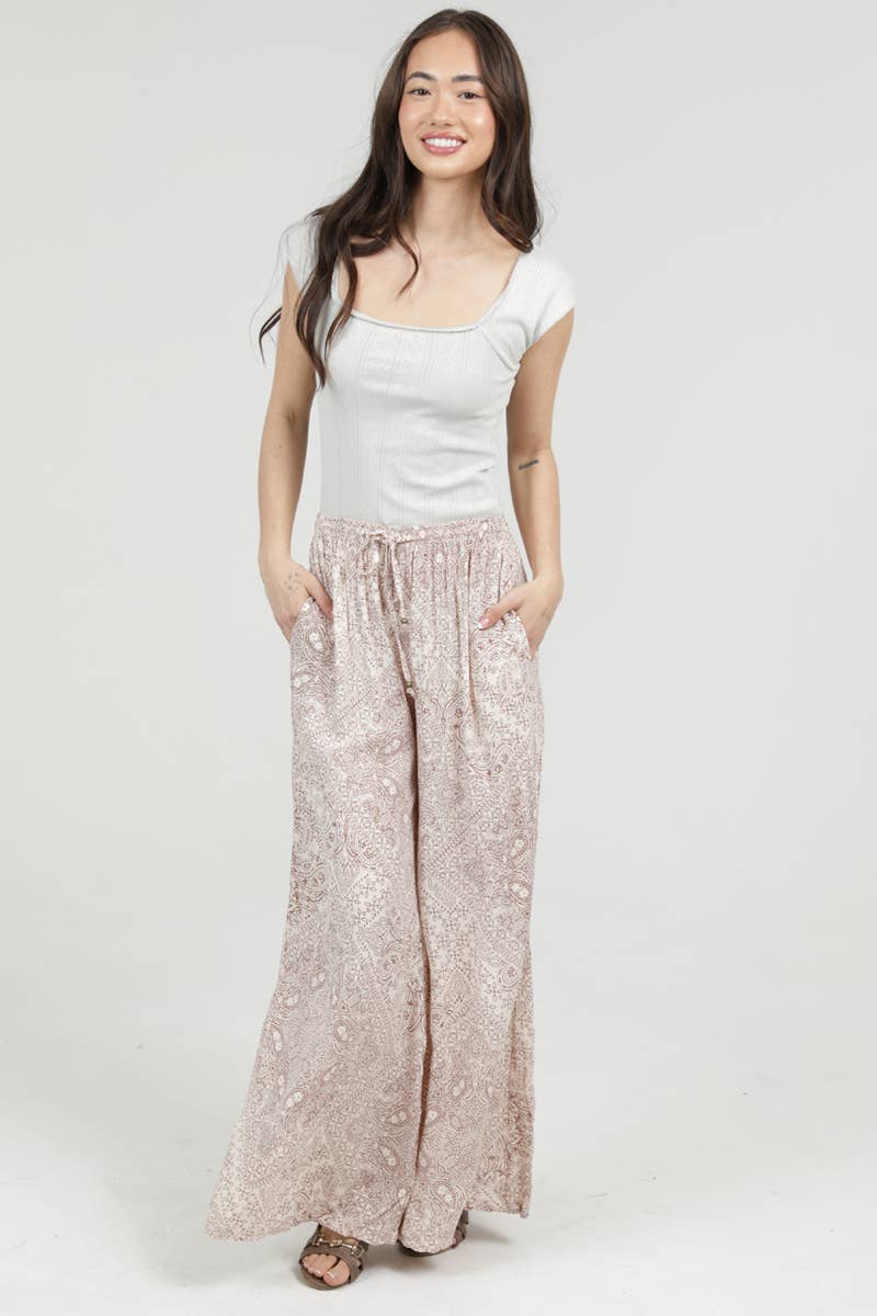 PRINTED WIDE LEG PANTS WITH ELASTIC DRAWSTRING WA