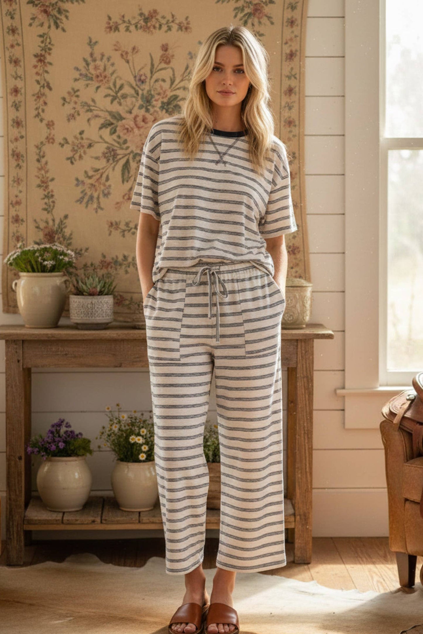 Striped Relaxed Fit Knit Top and Wide Leg Pant Set