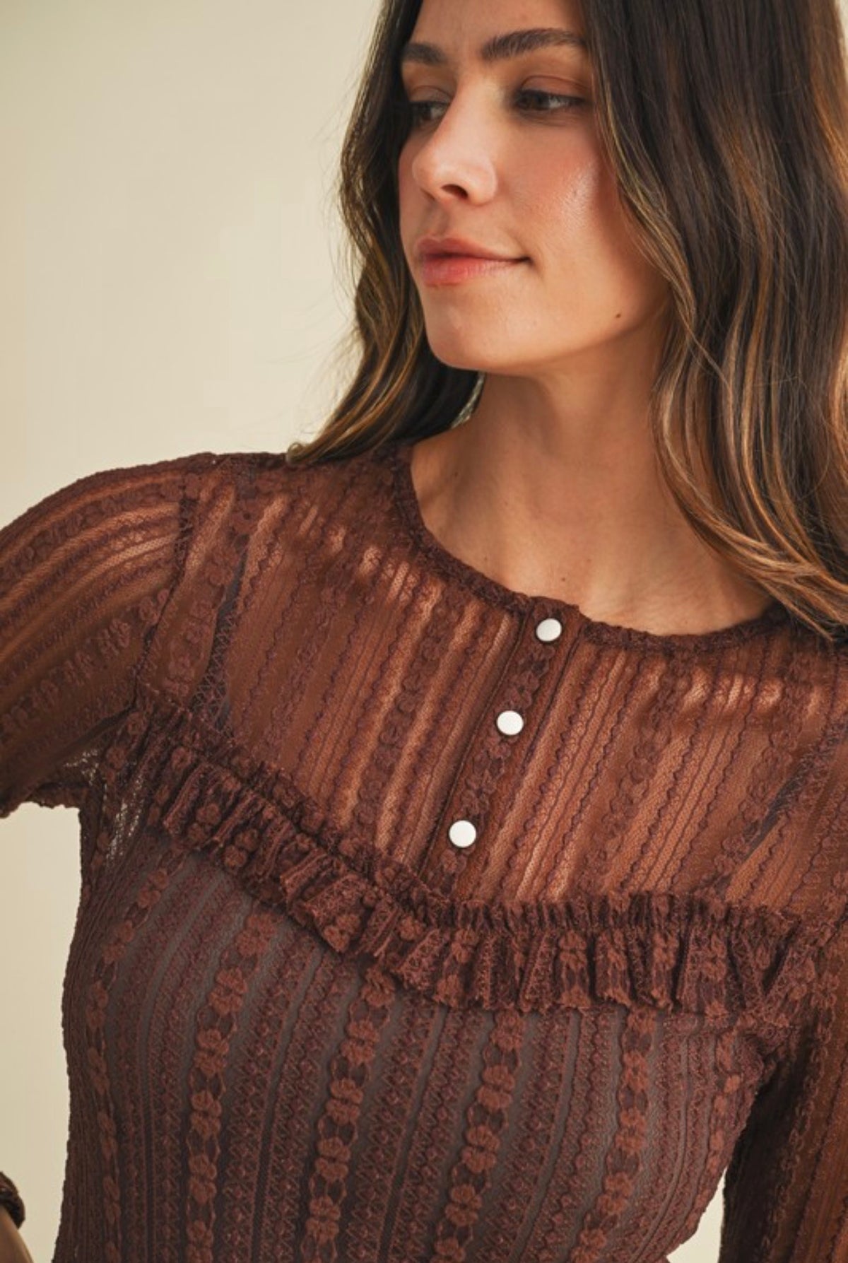 Stretch Lace Mocha Henley Long Sleeve
