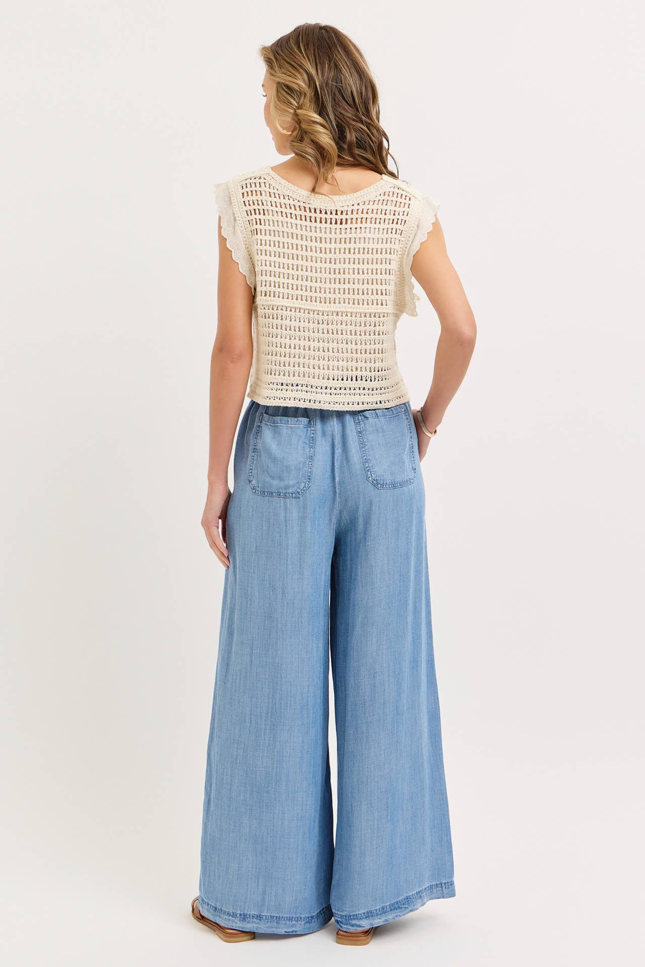 ELASTIC WAIST PULL ON WIDE-LEG  PALAZZO TENCEL CASUAL PANTS