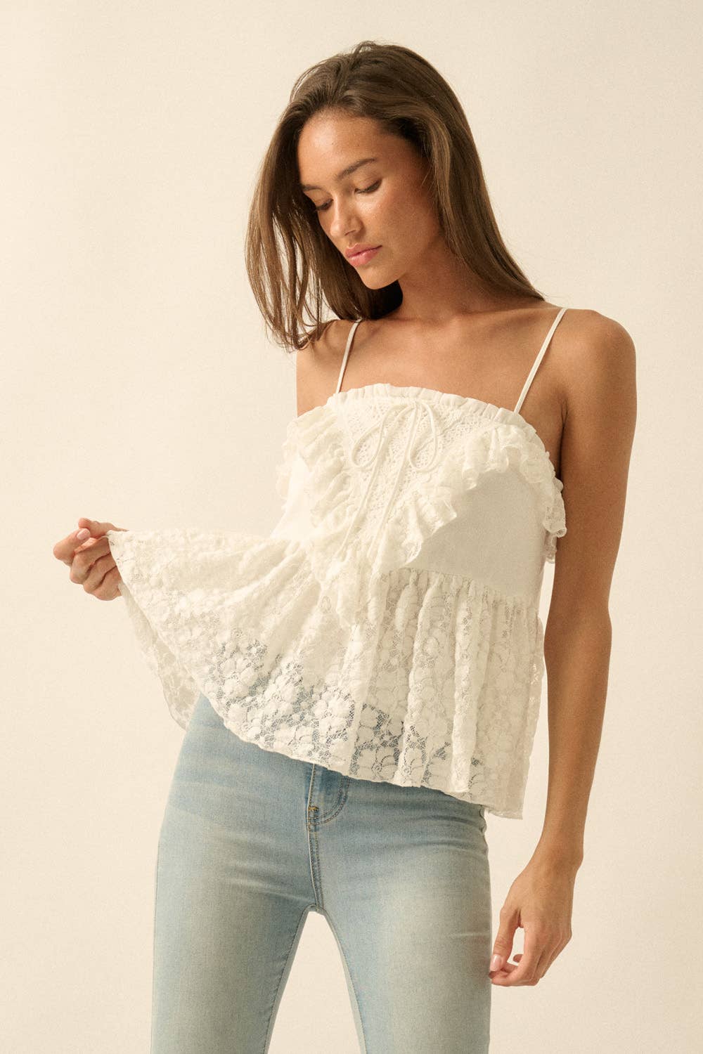 Floral Lace and Cotton Gauze Ruffled Babydoll Cami Top