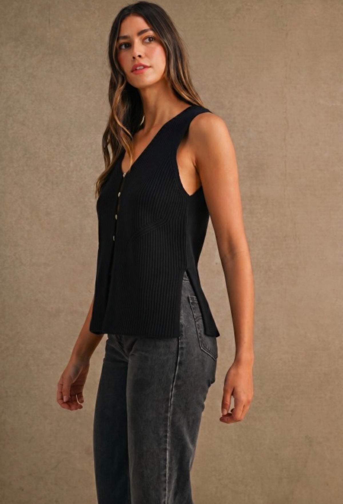 Black Button Vest Top