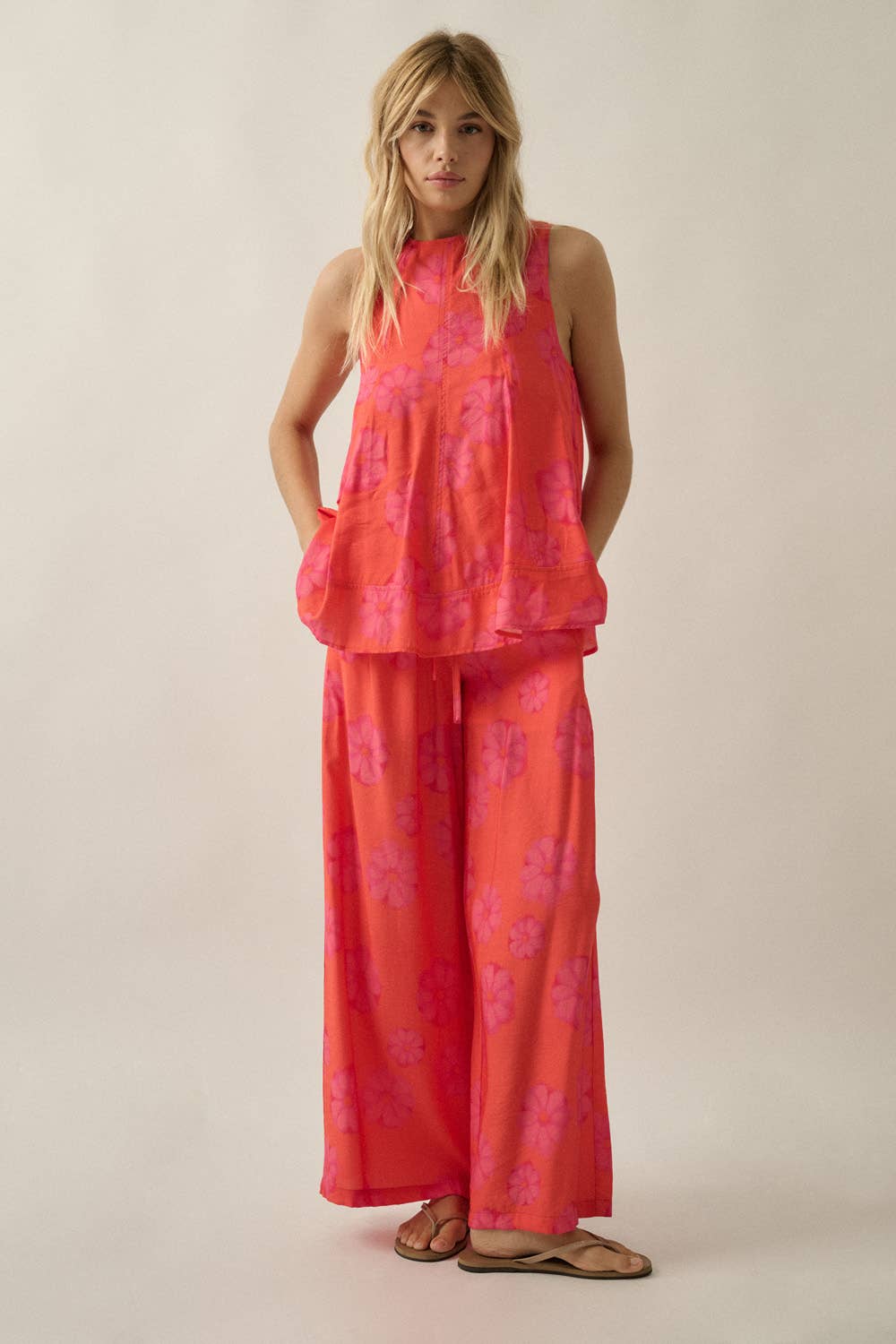 Floral-Print Wide-Leg Drawstring Pocket Pants