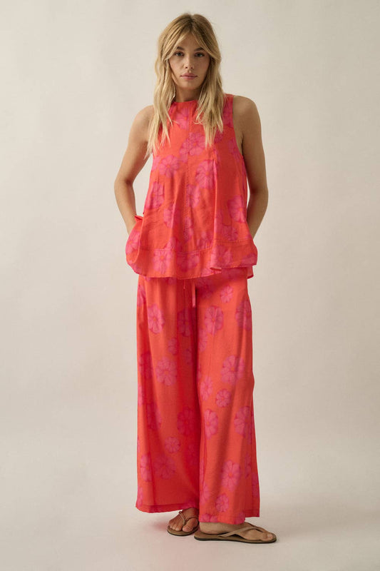 Floral-Print Wide-Leg Drawstring Pocket Pants