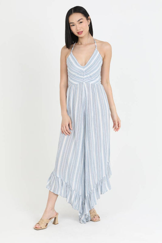 V NECK HALTER ANGLED HEM WIDE LEG JUMPSUIT