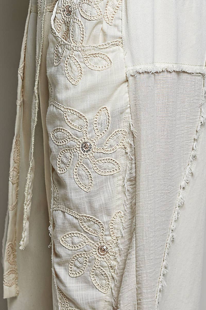 Lace Trim Outseam Detail Solid Wide Leg Twill Pants