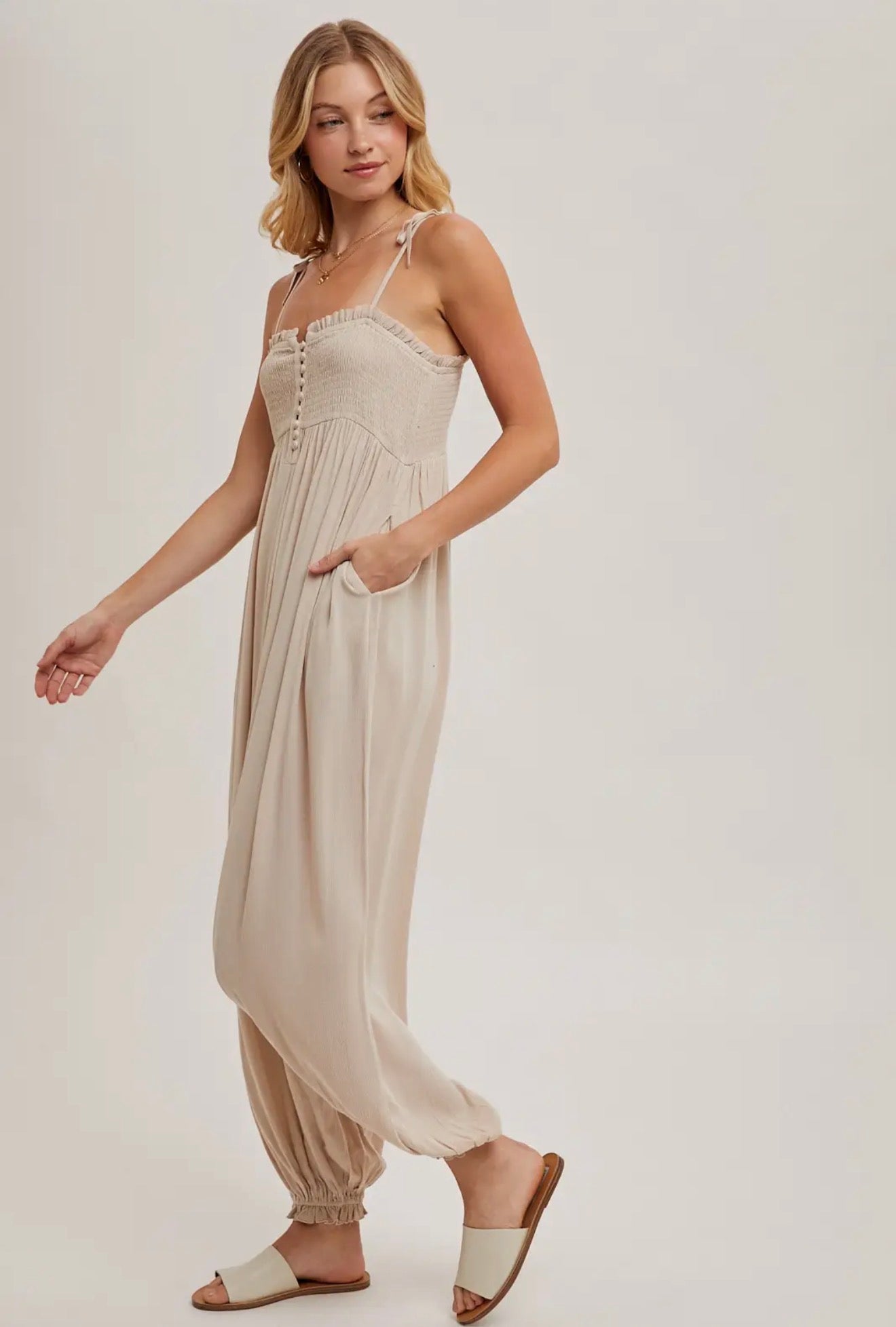 Smocked Top Beige Jumpsuit