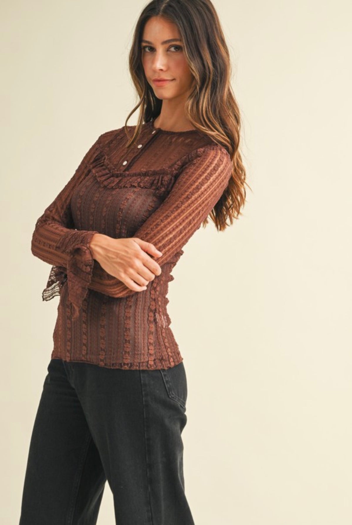 Stretch Lace Mocha Henley Long Sleeve