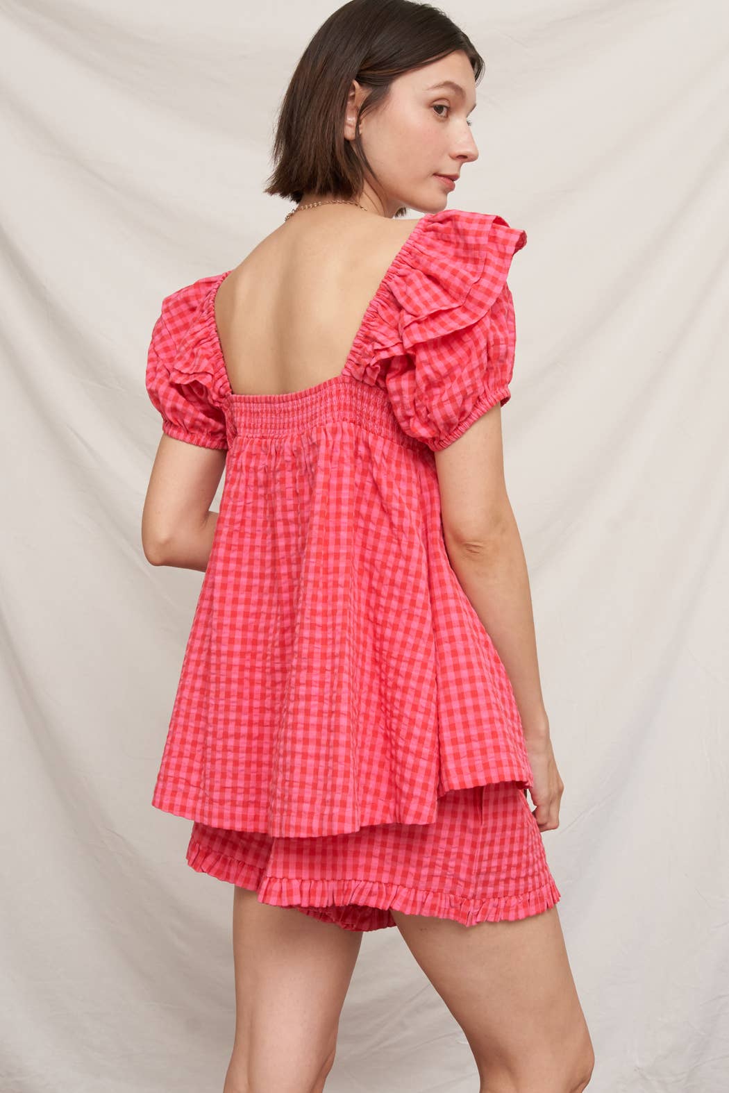 Ruffle Sleeve Square Neck Plaid Top