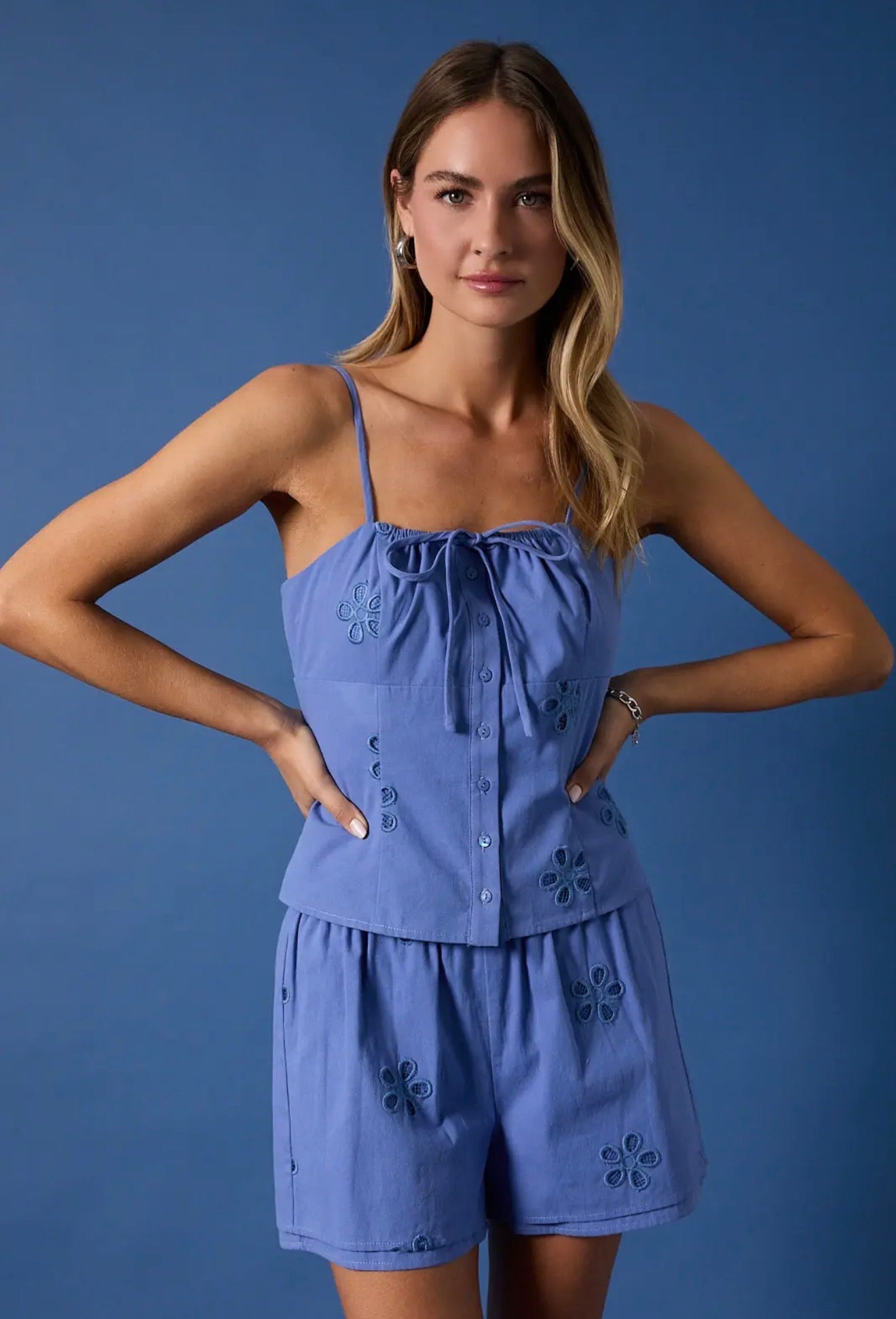 Blue Embroidered Eyelet Shorts