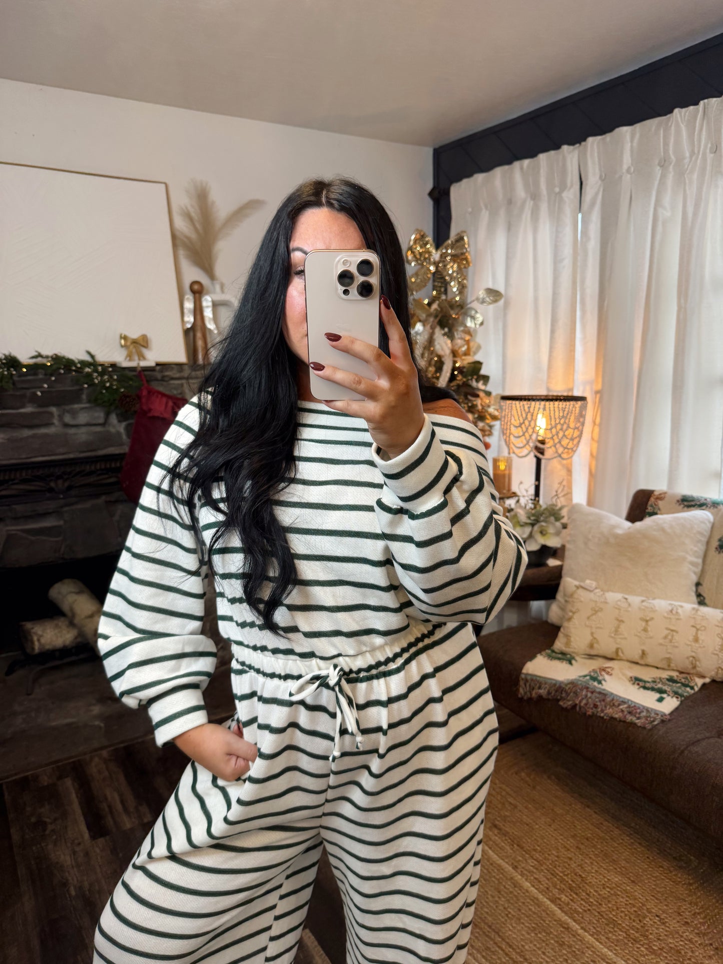 Off-Shoulder Striped Terry Jumpsuit