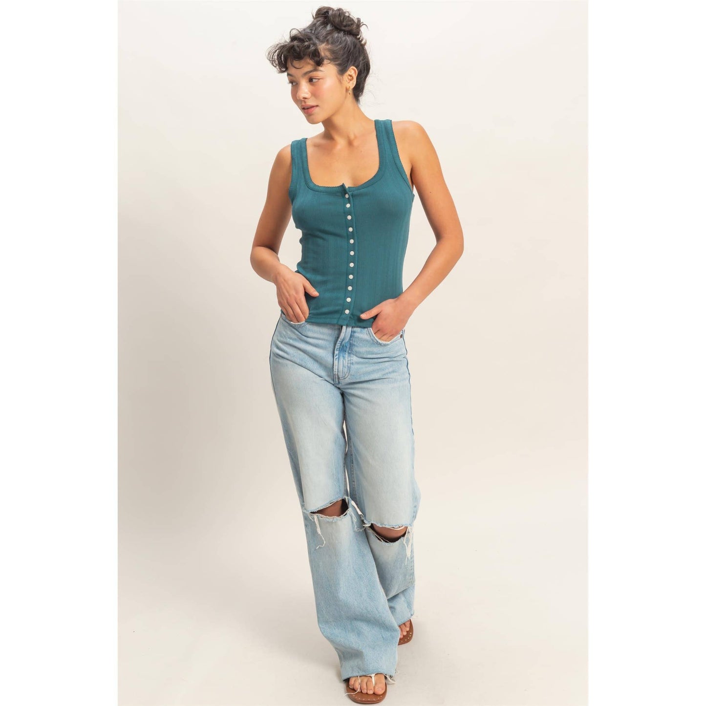Pointelle Button Front Scoop Neck Tank Top