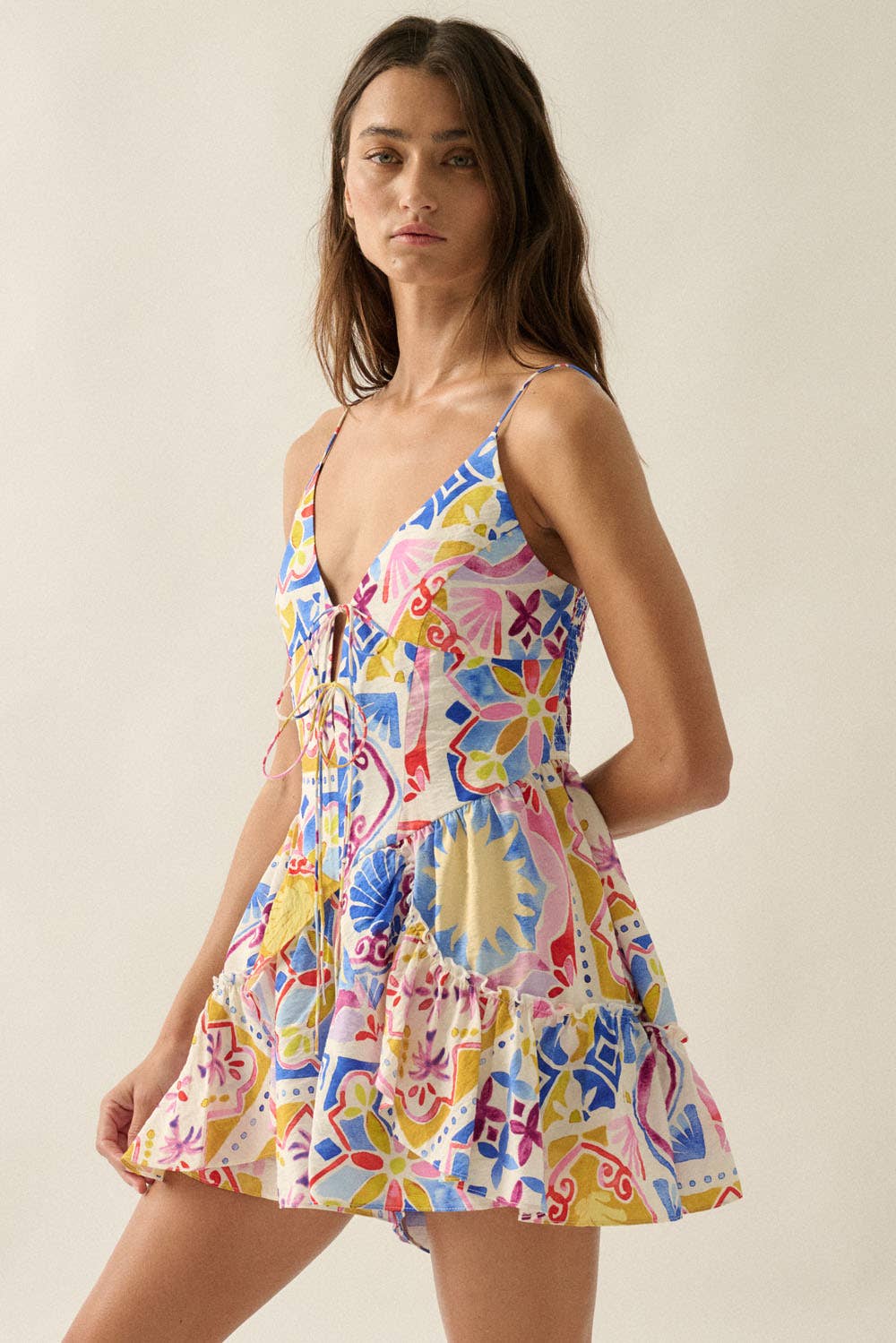 Tropical Floral-Print Ruffled Tie-Front Cami Romper