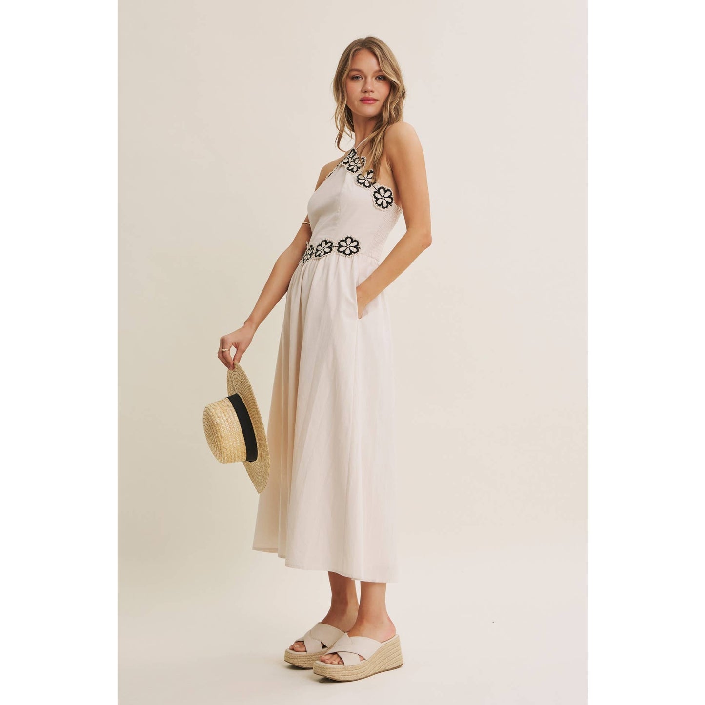 SUNSET TERRACE CROCHET LACE HALTER NECK SMOCKED MIDI DRESS