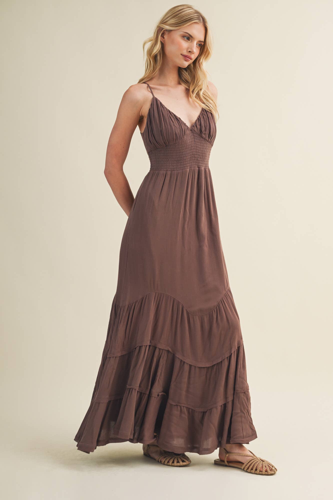 Contoured Shirring Cascading Tiered Dress