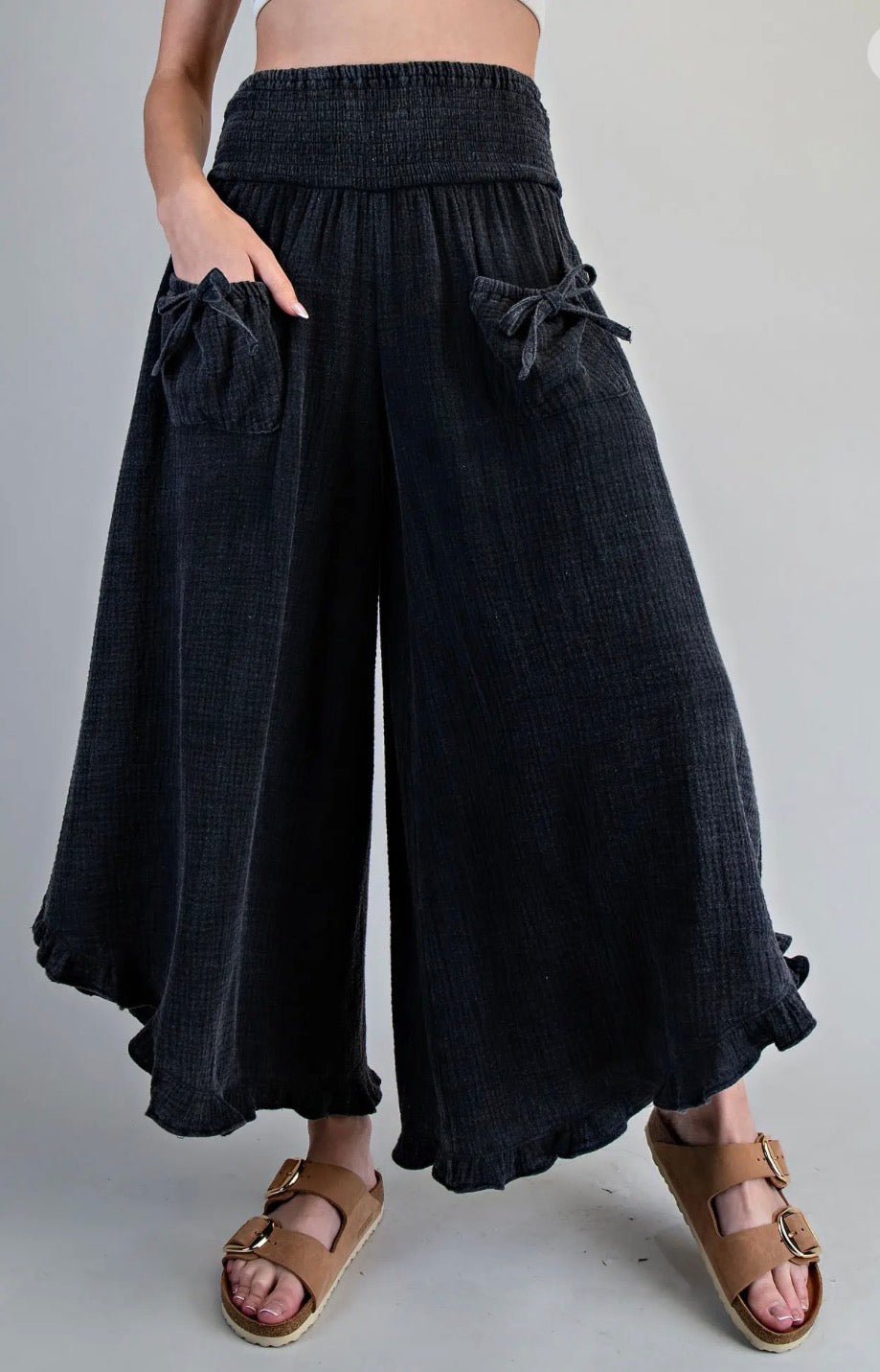 Bow Washed Wide Leg Linen Pants