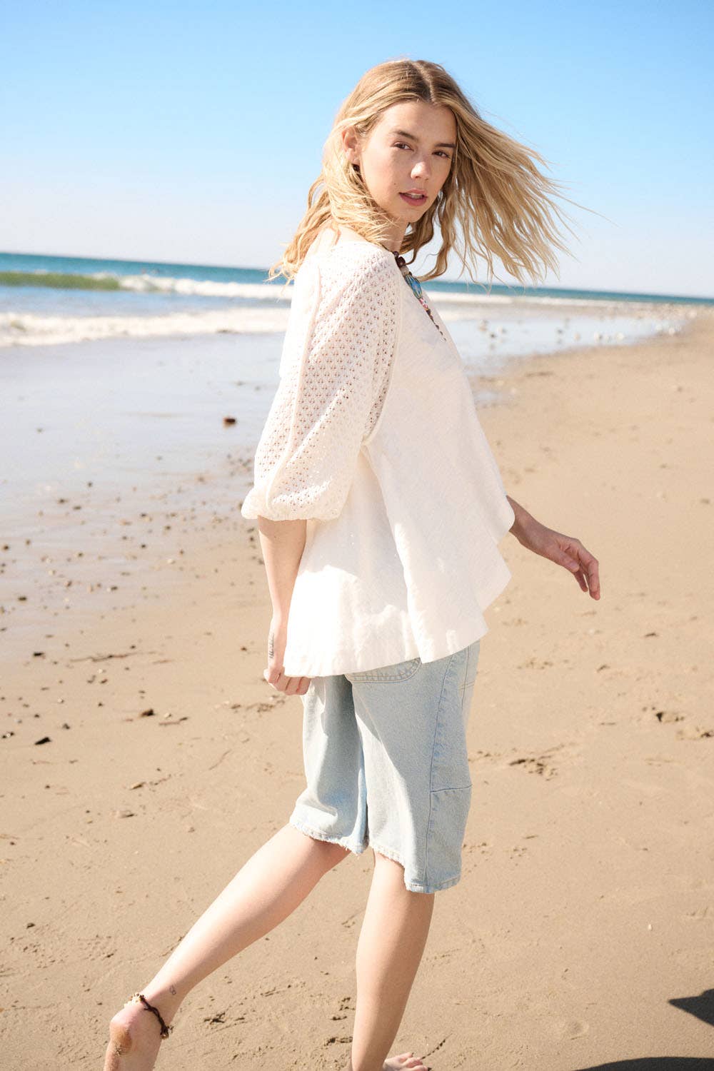 Oversized Crochet Raglan-Sleeve Cotton Knit Top
