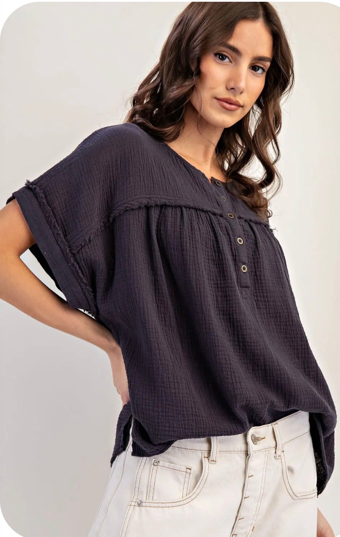 Ash Black Cotton Gauze Button Tee Shirt