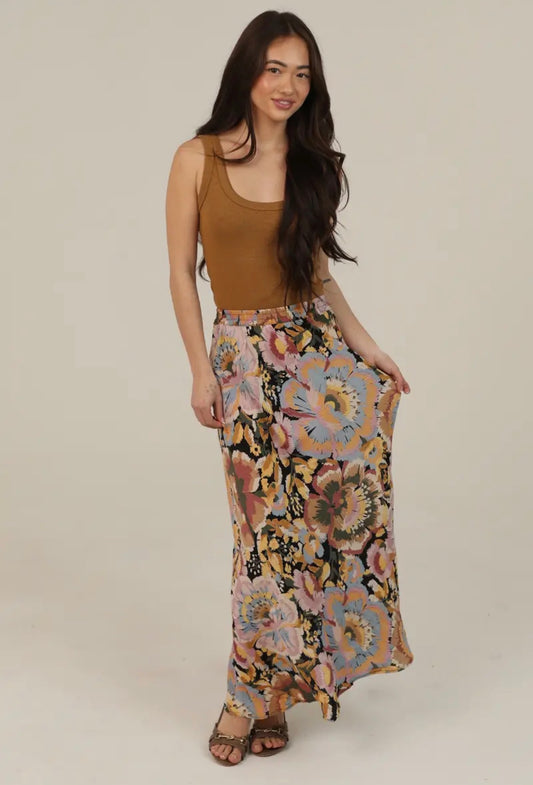 Floral Print Colored Maxi Skirt