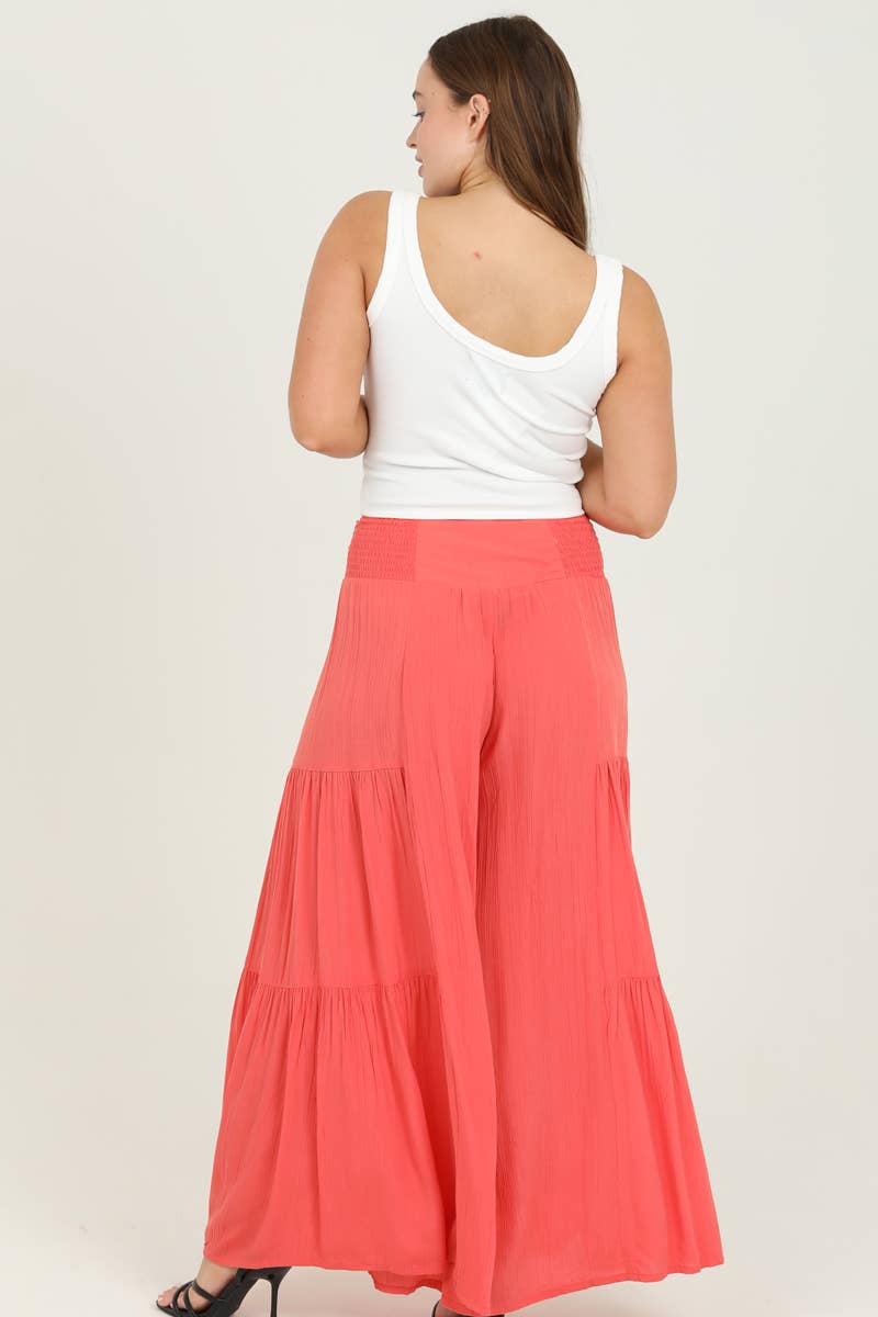 TIERED WIDE LEG PANTS WITH SMOCKED WAISTBAND