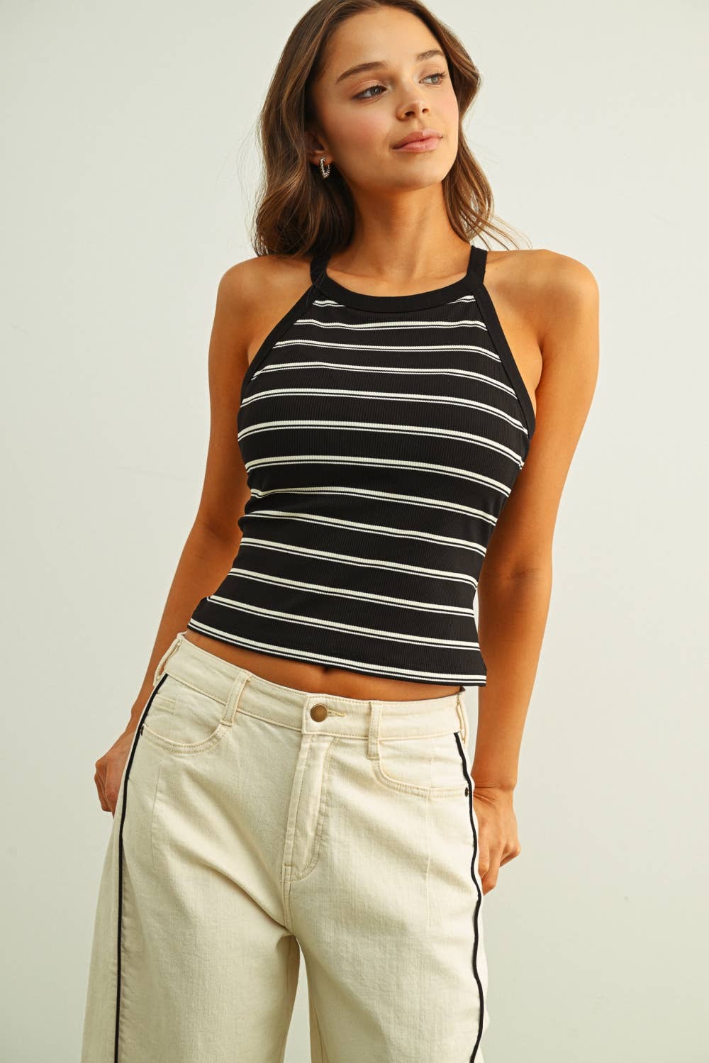 HIGH NECK STRIPE BRA PADDED TANK TOP