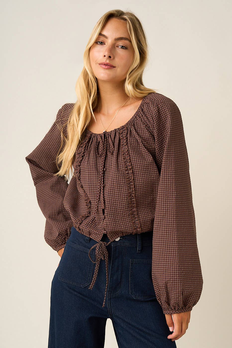 CHECKERED RUFFLE TRIM TIE FRONT TOP