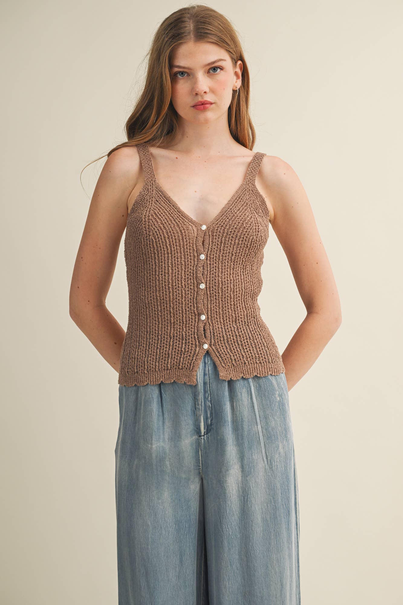Pointelle Knit Scalloped Button Vest