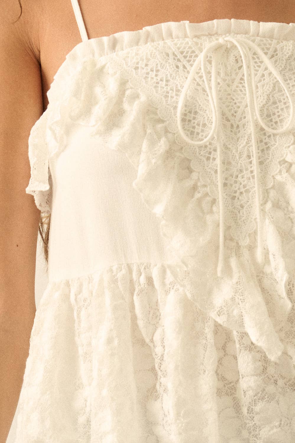 Floral Lace and Cotton Gauze Ruffled Babydoll Cami Top