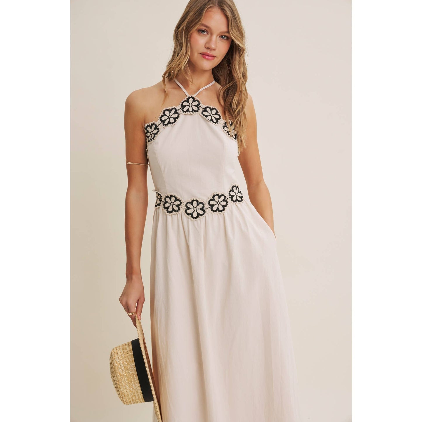 SUNSET TERRACE CROCHET LACE HALTER NECK SMOCKED MIDI DRESS