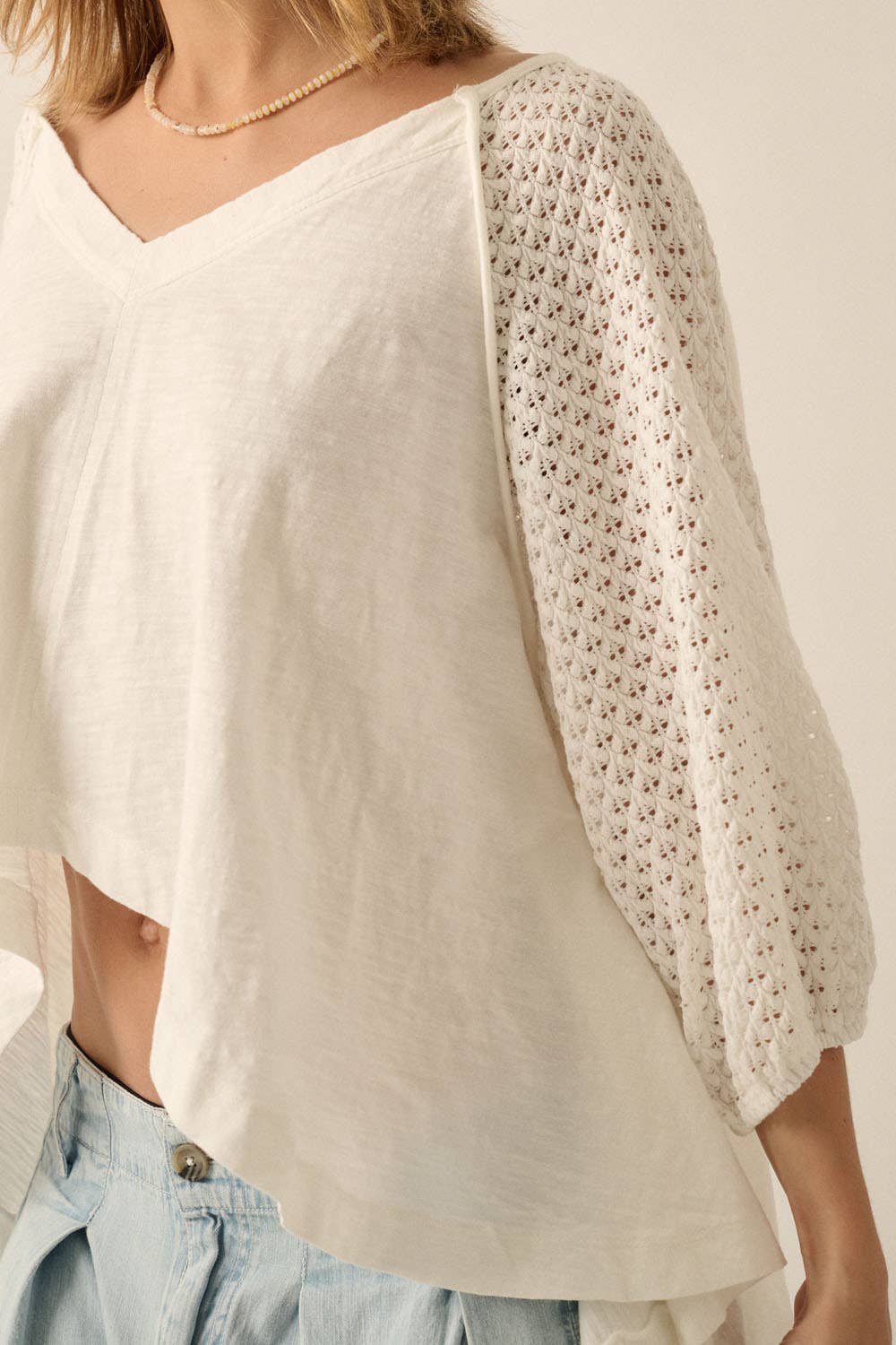 Oversized Crochet Raglan-Sleeve Cotton Knit Top