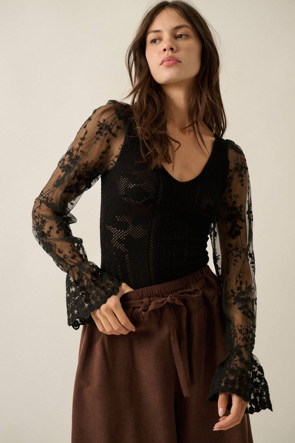 Pointelle Lace Bubble-Sleeve Bodysuit