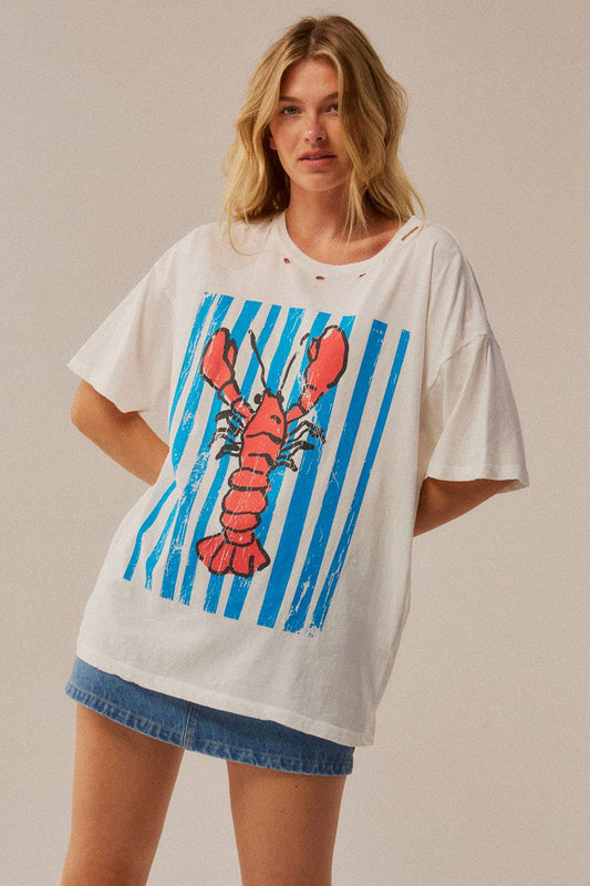 Lobster Garment-Wash Distressed Oversize Graphic Tee