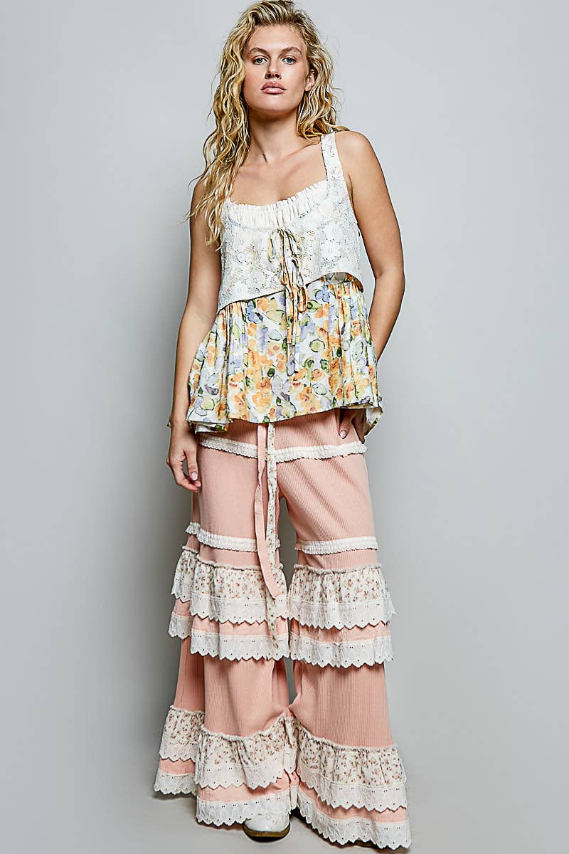 Round Neck Floral Printed Lace Shirring Knit Top