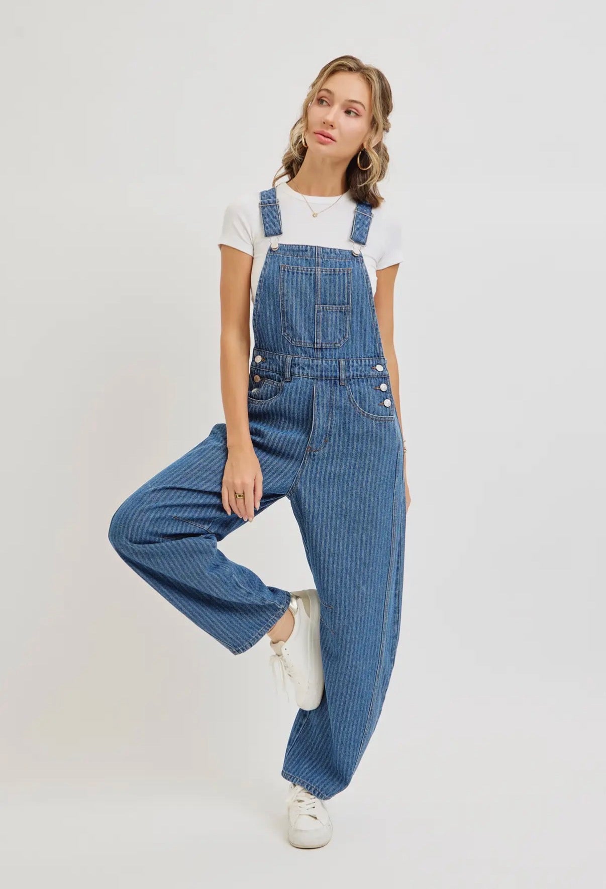 Denim Stripe Barrel Overalls