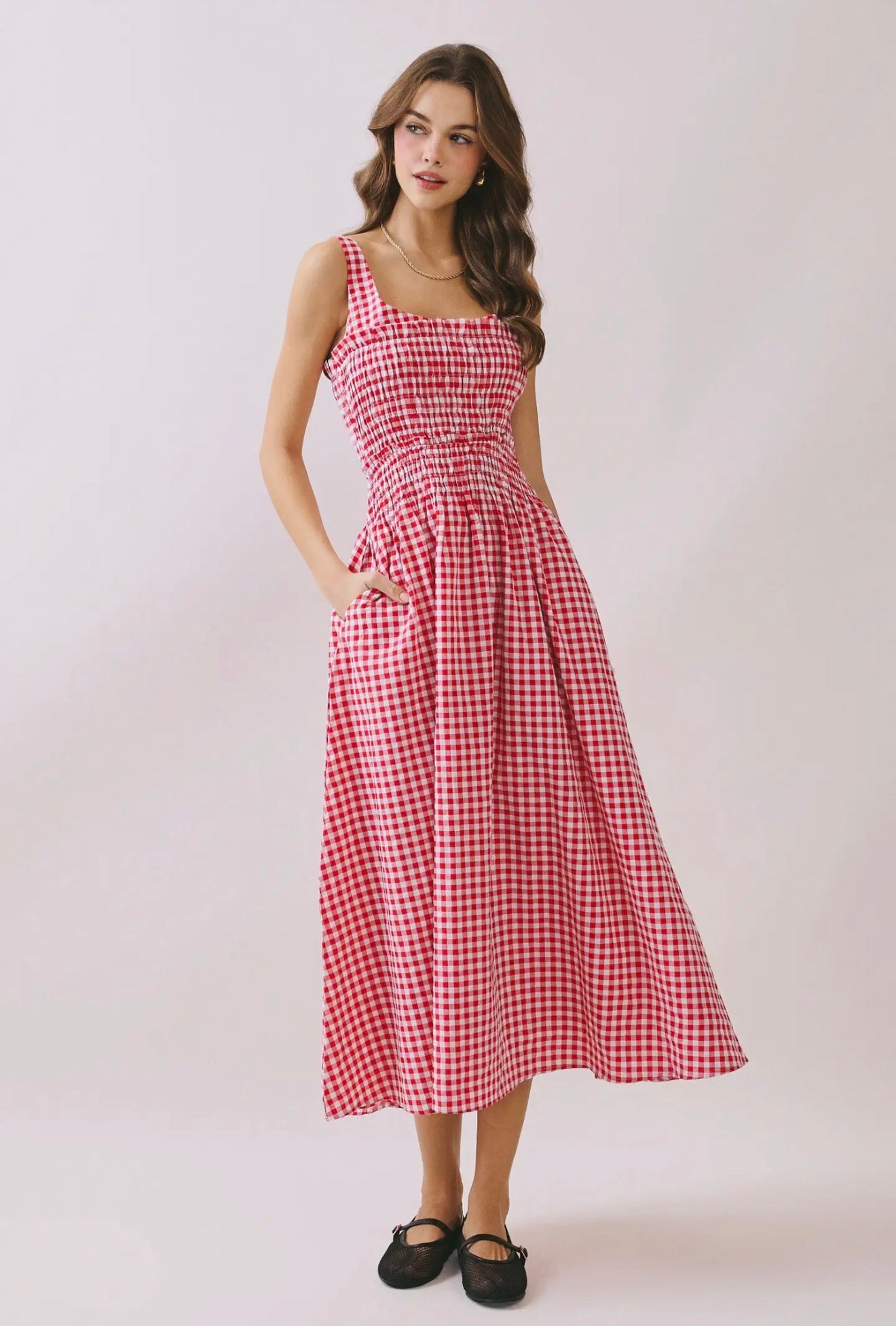 Smocked Red Gingham Midi Dress