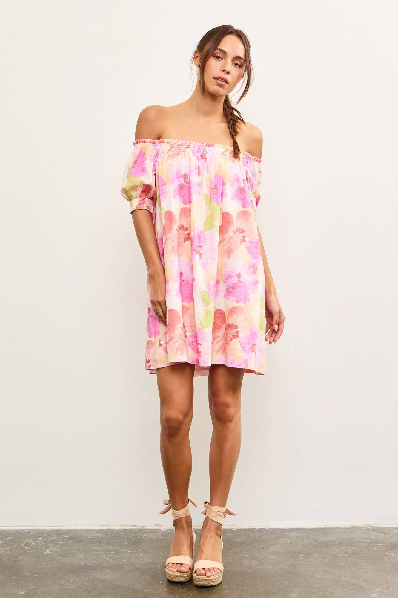 Abstract Bloom Off-Shoulder Smocked Floral Dress