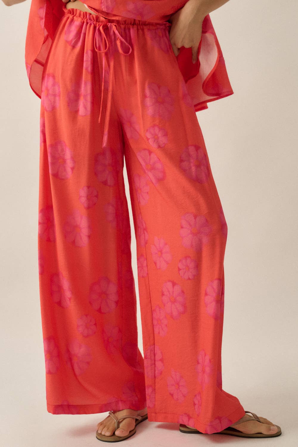 Floral-Print Wide-Leg Drawstring Pocket Pants
