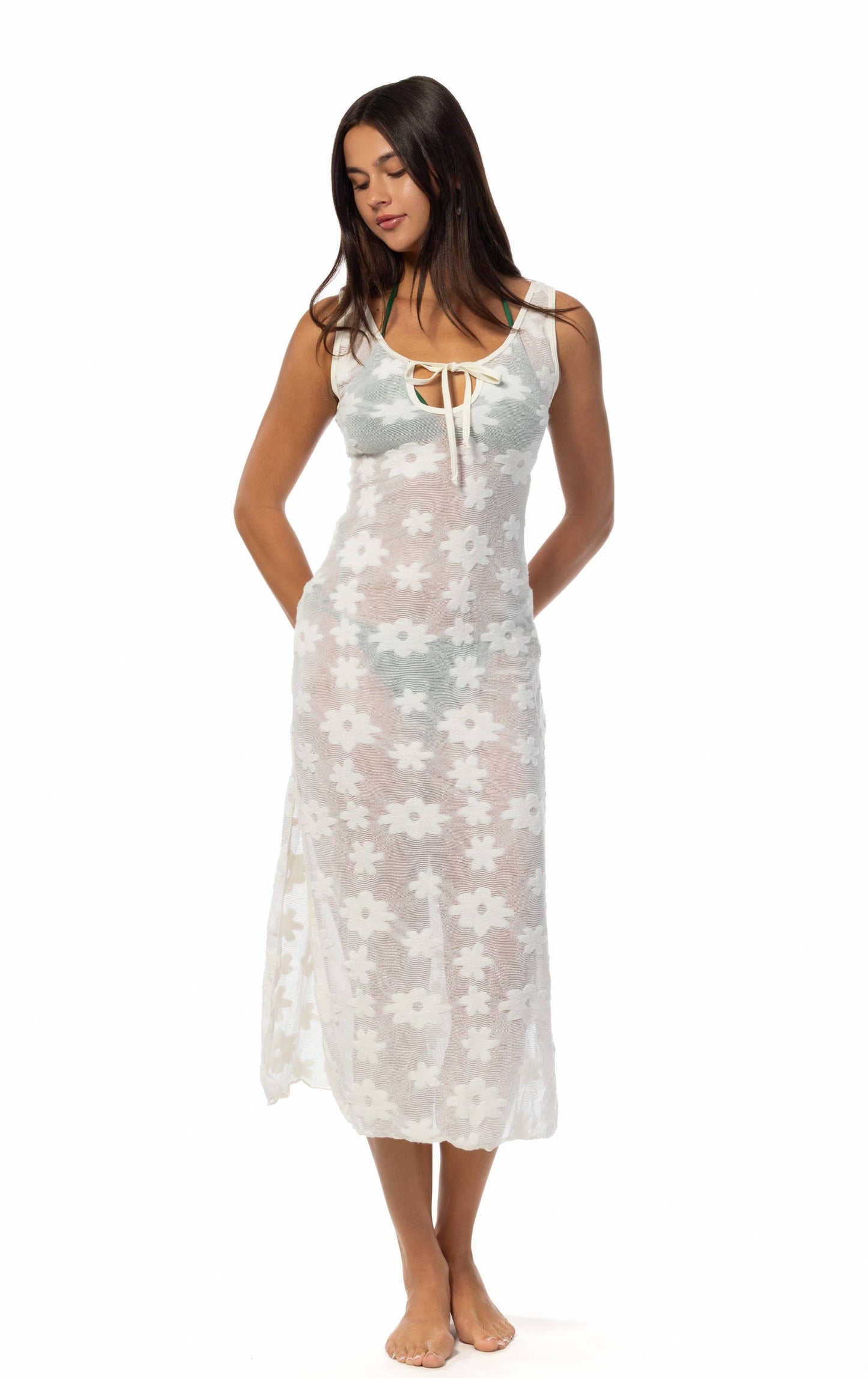 SOLID FLORAL BURNOUT SHEER TIE FRONT MIDI COVERUP