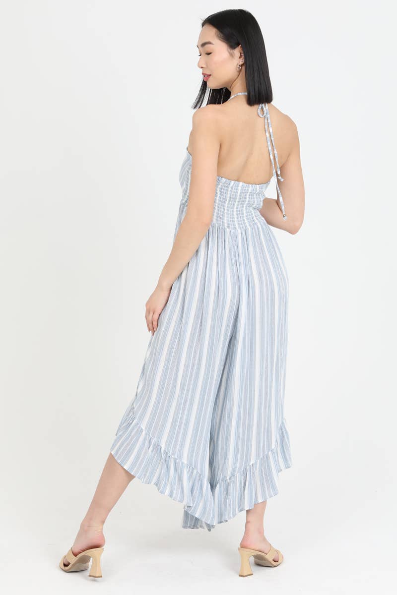 V NECK HALTER ANGLED HEM WIDE LEG JUMPSUIT