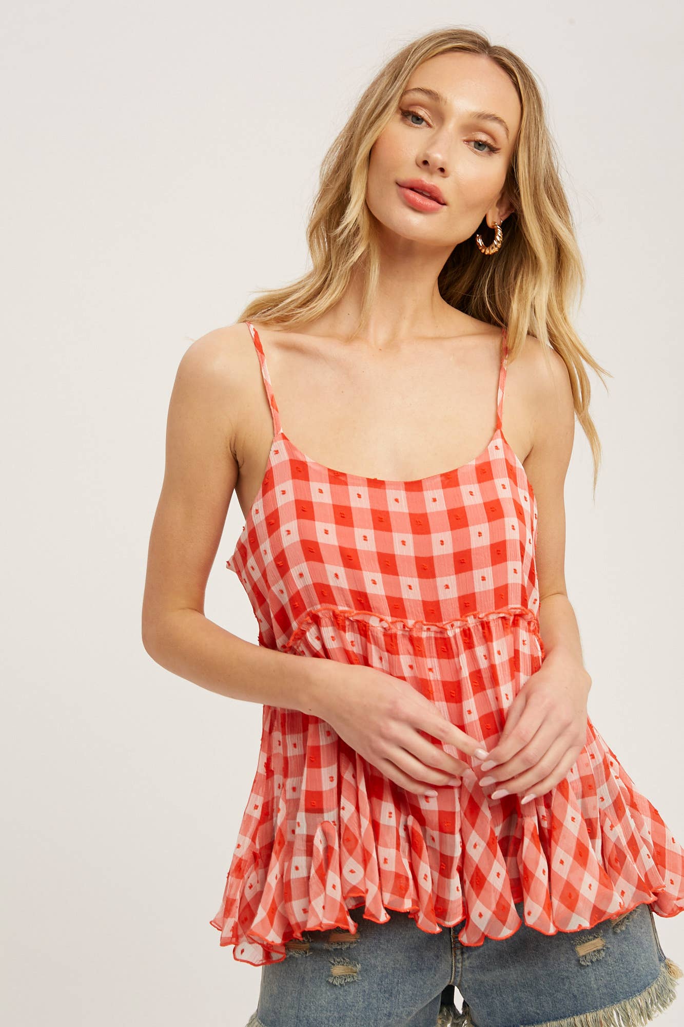 CHECKERED CHIFFON RUFFLE HEM CAMI