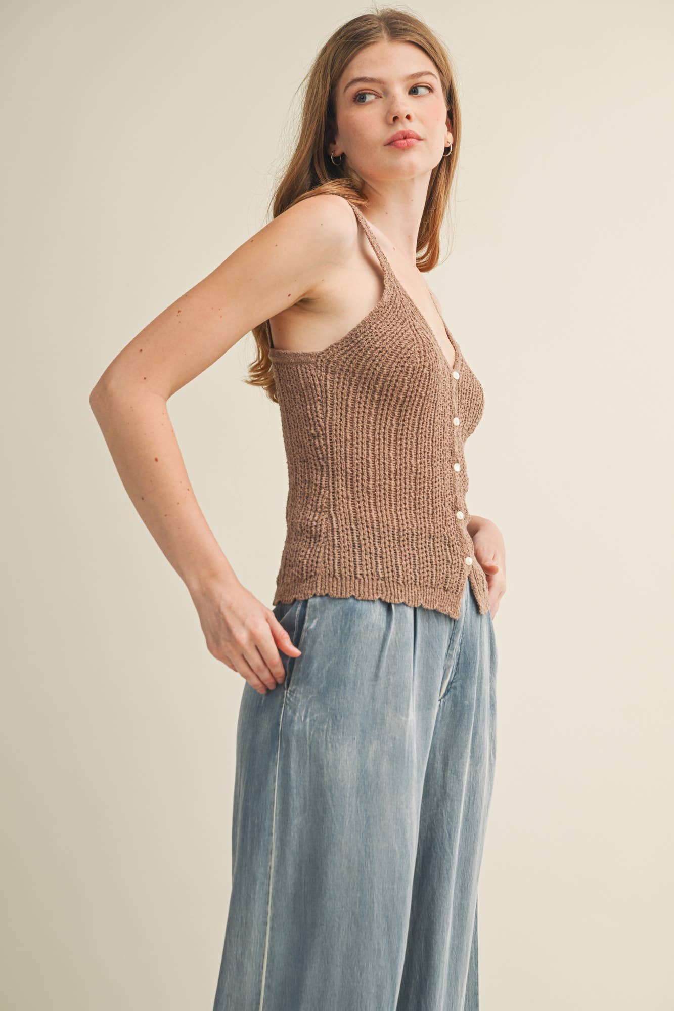 Pointelle Knit Scalloped Button Vest